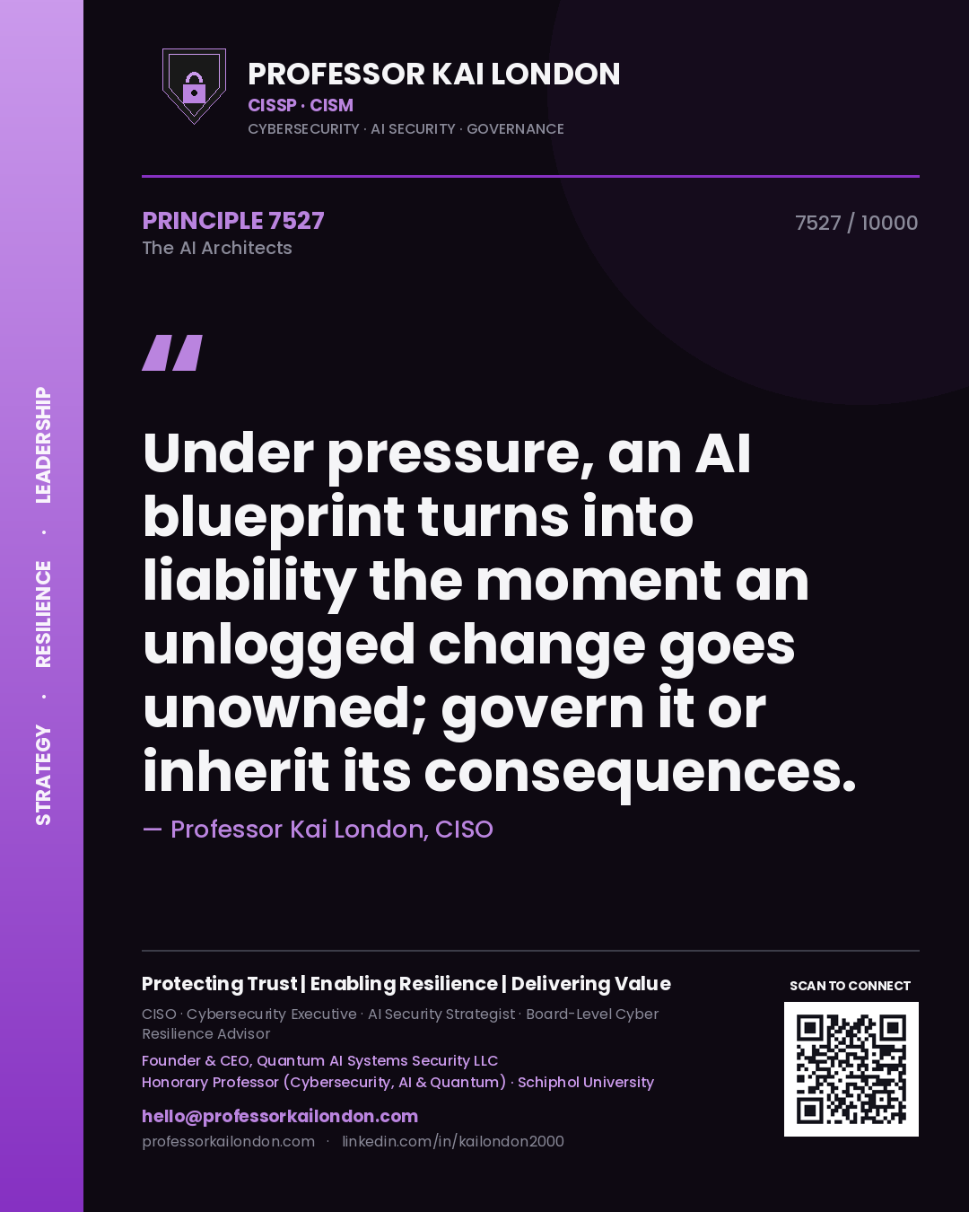 Quote card by Professor Kai London reading 'Under pressure, an AI blueprint turns into liability the moment an unlogged change goes unowned; govern it or inherit its consequences.'. From the book The AI Architects.