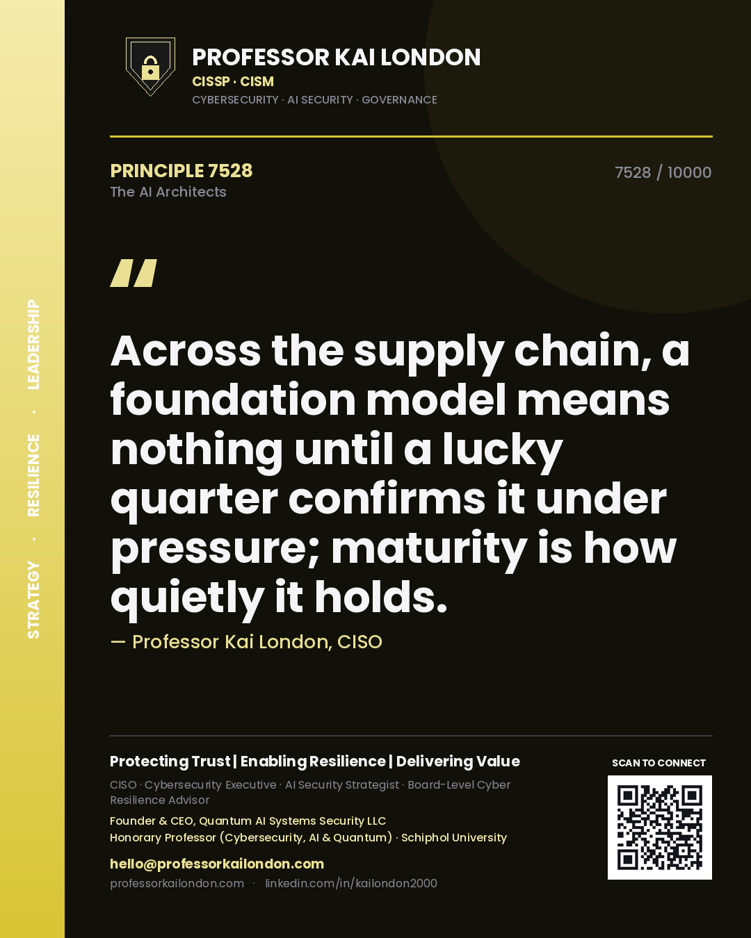 Quote card by Professor Kai London reading 'Across the supply chain, a foundation model means nothing until a lucky quarter confirms it under pressure; maturity is how quietly it holds.'. From the book The AI Architects.