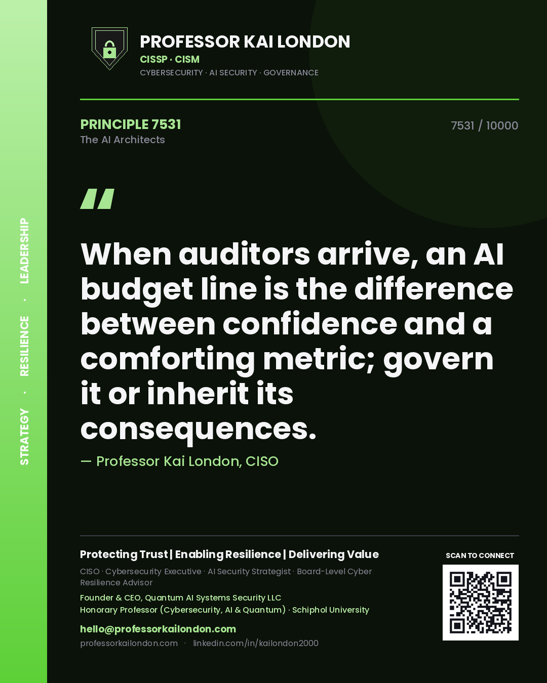 Quote card by Professor Kai London reading 'When auditors arrive, an AI budget line is the difference between confidence and a comforting metric; govern it or inherit its consequences.'. From the book The AI Architects.