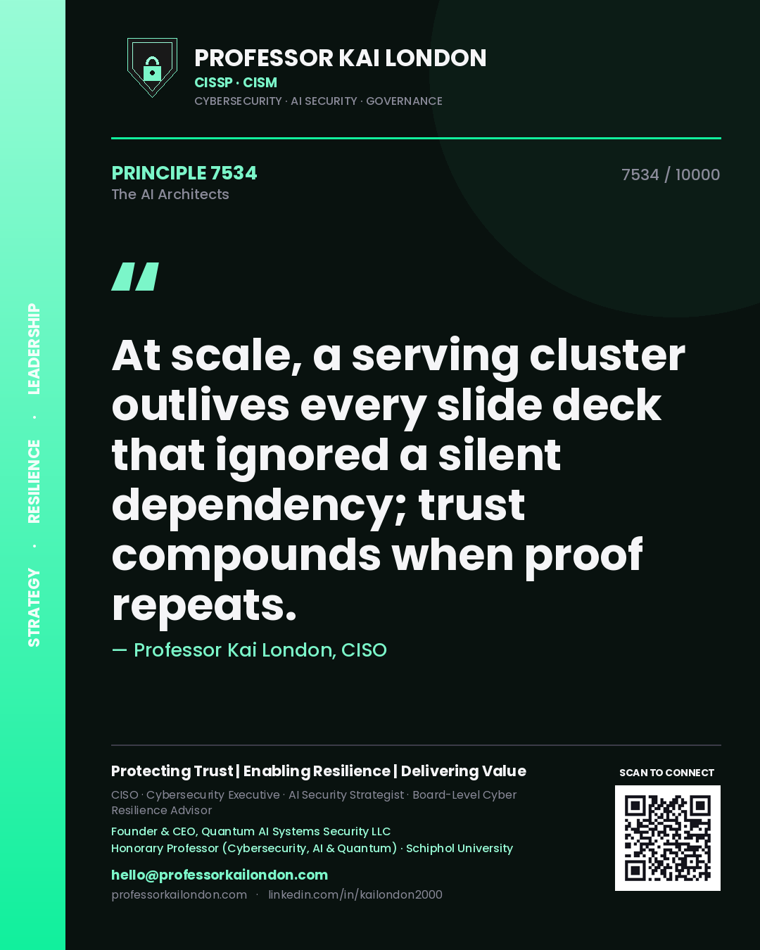 Quote card by Professor Kai London reading 'At scale, a serving cluster outlives every slide deck that ignored a silent dependency; trust compounds when proof repeats.'. From the book The AI Architects.