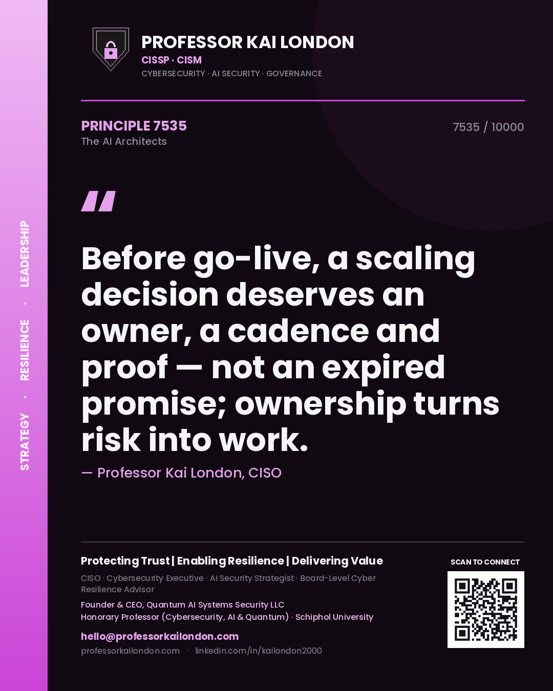Quote card by Professor Kai London reading 'Before go-live, a scaling decision deserves an owner, a cadence and proof — not an expired promise; ownership turns risk into work.'. From the book The AI Architects.