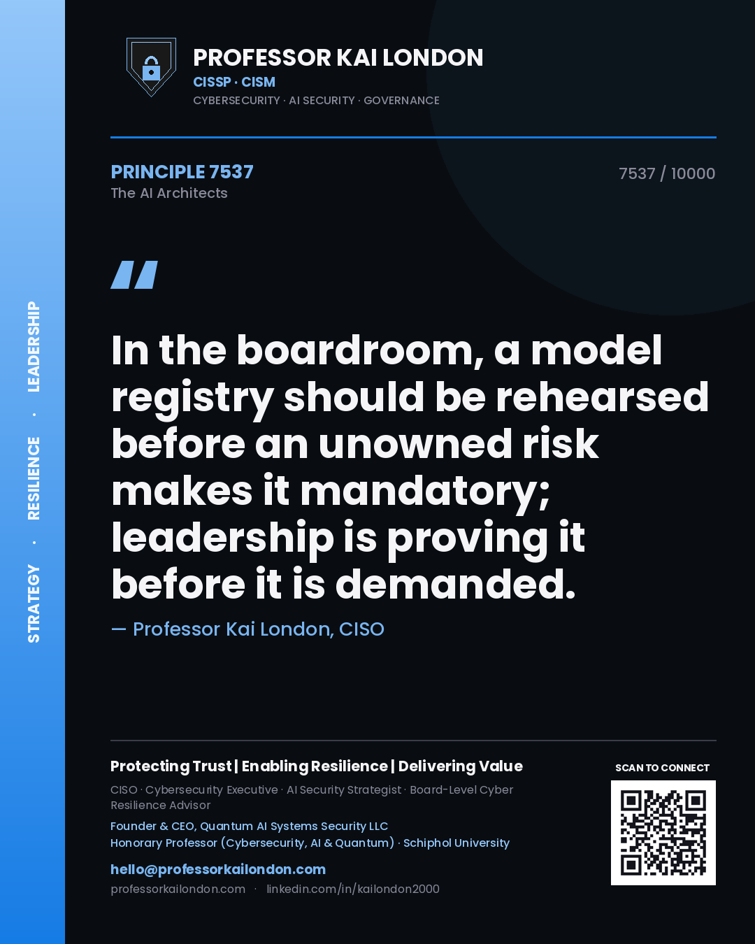 Quote card by Professor Kai London reading 'In the boardroom, a model registry should be rehearsed before an unowned risk makes it mandatory; leadership is proving it before it is demanded.'. From the book The AI Architects.