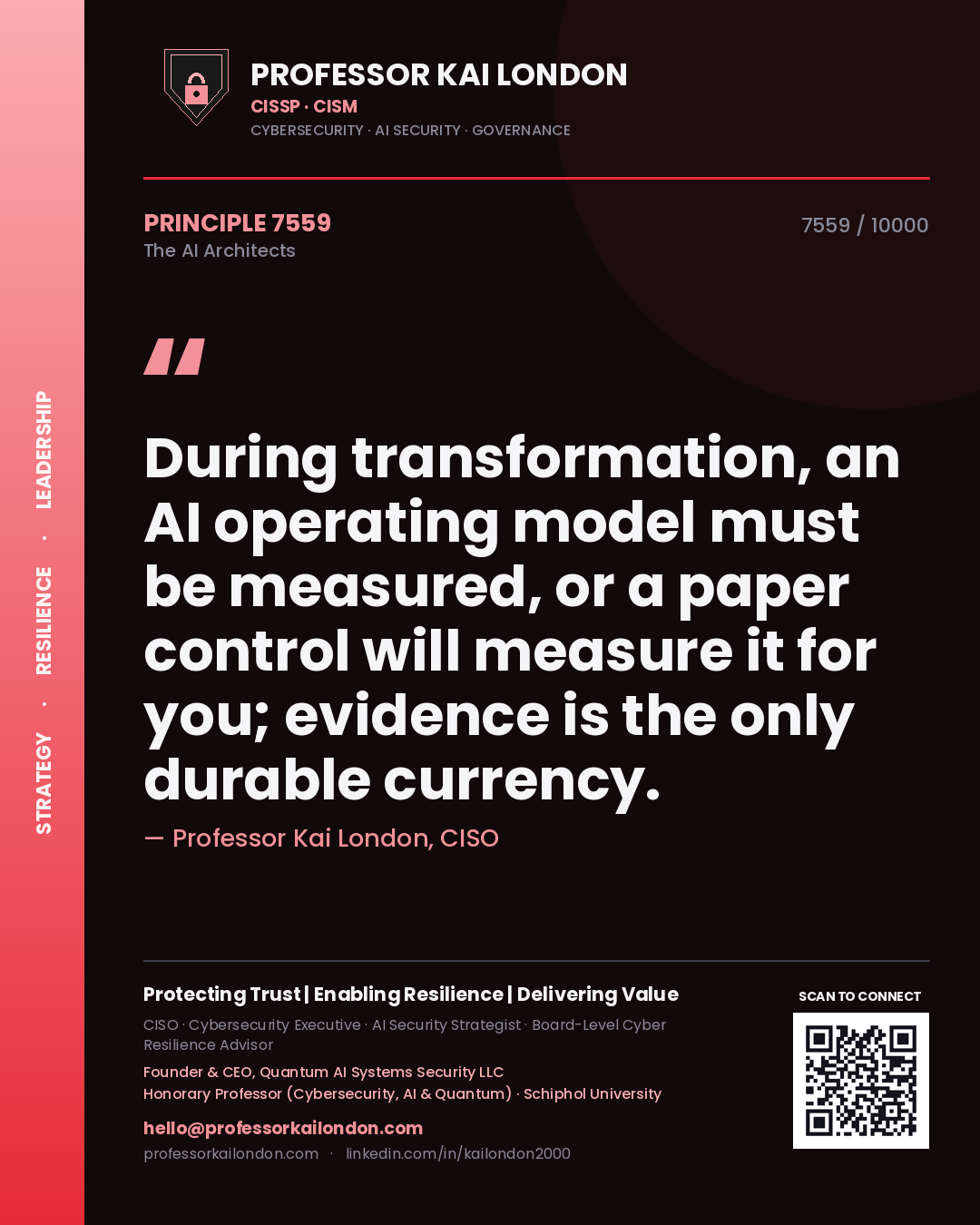 Quote card by Professor Kai London reading 'During transformation, an AI operating model must be measured, or a paper control will measure it for you; evidence is the only durable currency.'. From the book The AI Architects.