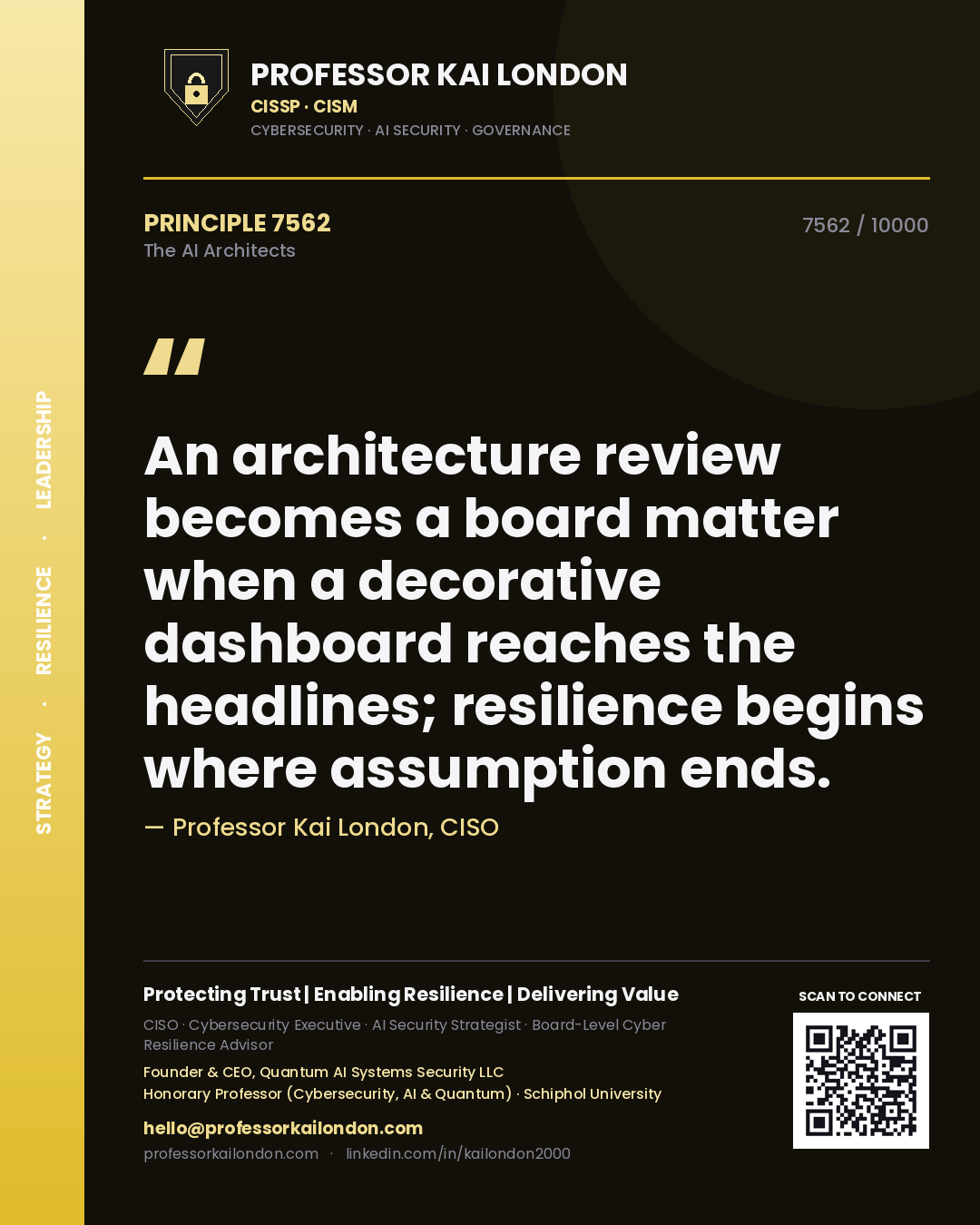 Quote card by Professor Kai London reading 'An architecture review becomes a board matter when a decorative dashboard reaches the headlines; resilience begins where assumption ends.'. From the book The AI Architects.