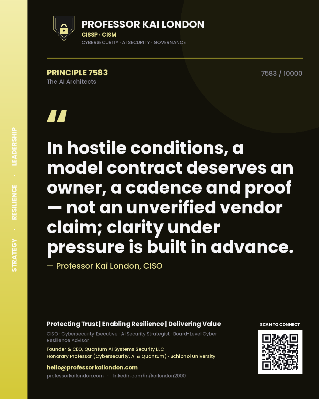 Professor Kai London principle 7583: In hostile conditions, a model contract deserves an owner, a cadence and proof — not an unverified vendor claim; clarity under pressure is built in advance.