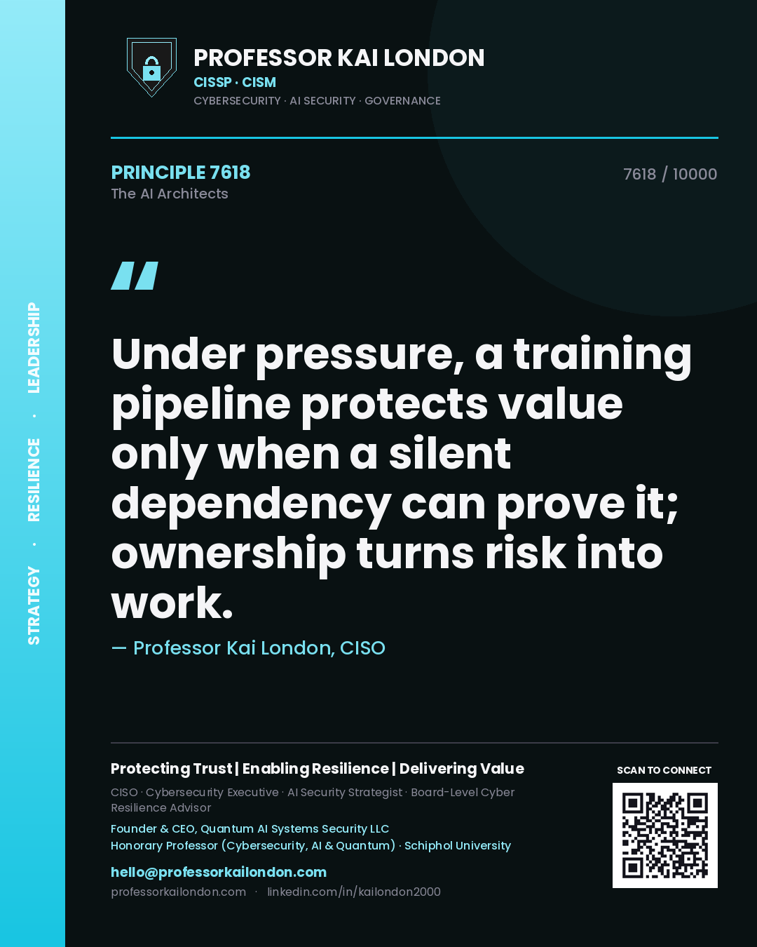 Quote card by Professor Kai London reading 'Under pressure, a training pipeline protects value only when a silent dependency can prove it; ownership turns risk into work.'. From the book The AI Architects.