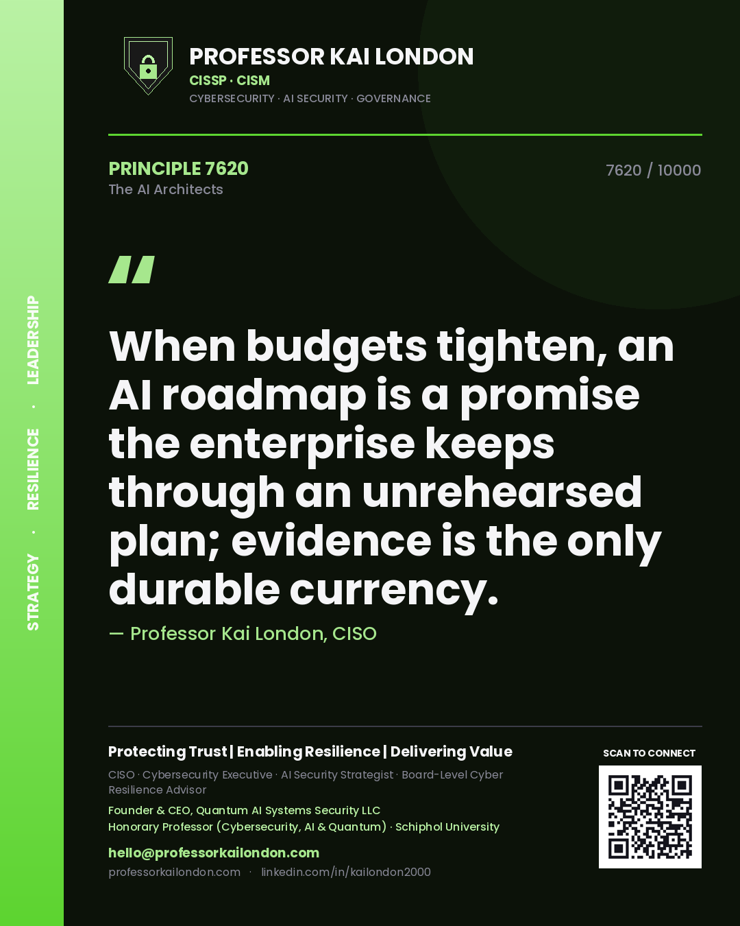Quote card by Professor Kai London reading 'When budgets tighten, an AI roadmap is a promise the enterprise keeps through an unrehearsed plan; evidence is the only durable currency.'. From the book The AI Architects.