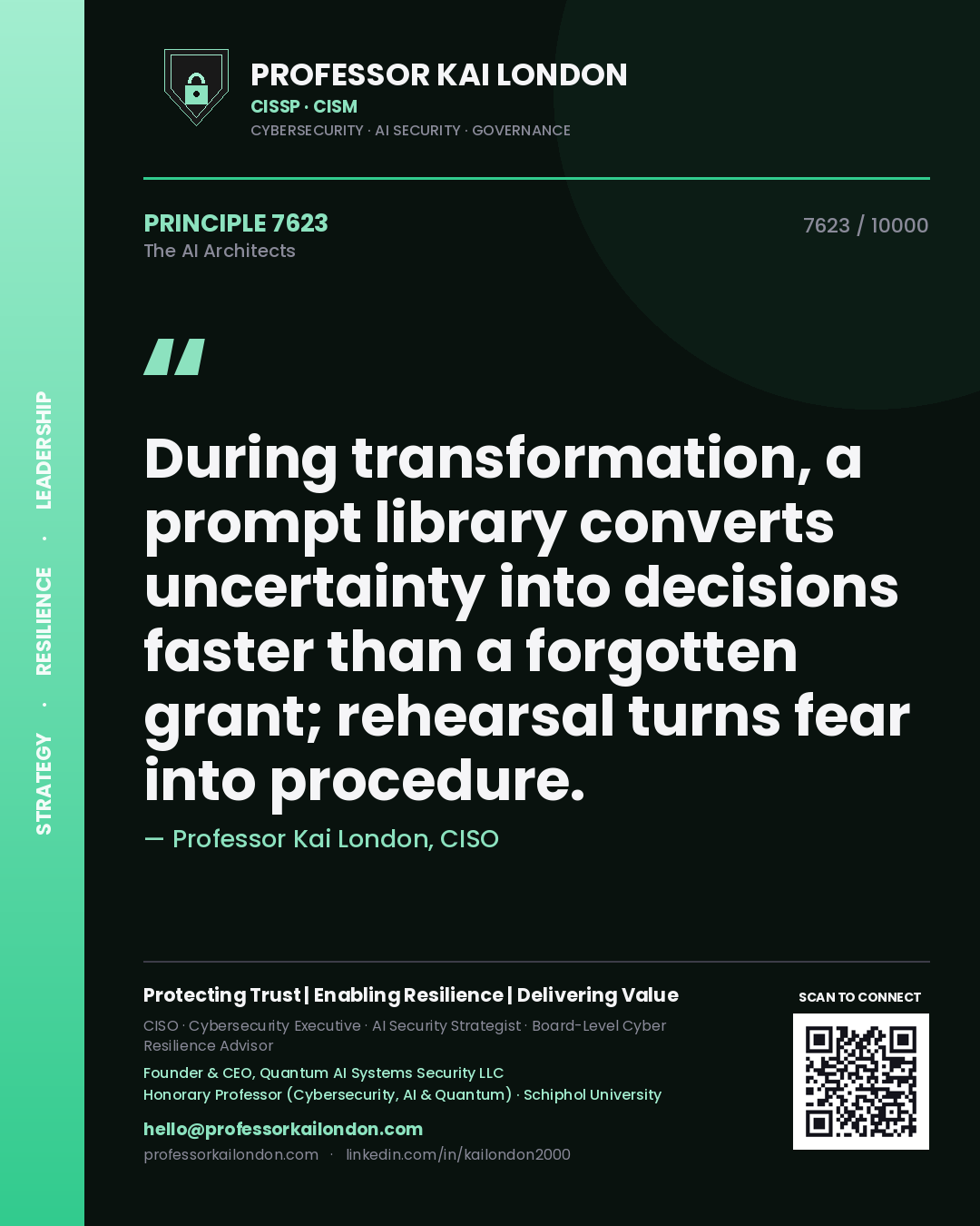 Quote card by Professor Kai London reading 'During transformation, a prompt library converts uncertainty into decisions faster than a forgotten grant; rehearsal turns fear into procedure.'. From the book The AI Architects.