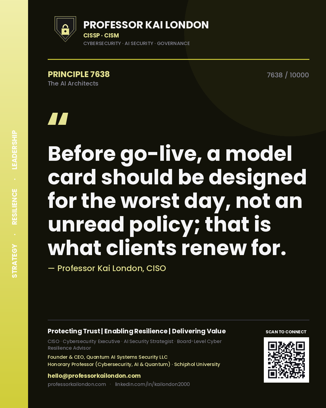 Quote card by Professor Kai London reading 'Before go-live, a model card should be designed for the worst day, not an unread policy; that is what clients renew for.'. From the book The AI Architects.