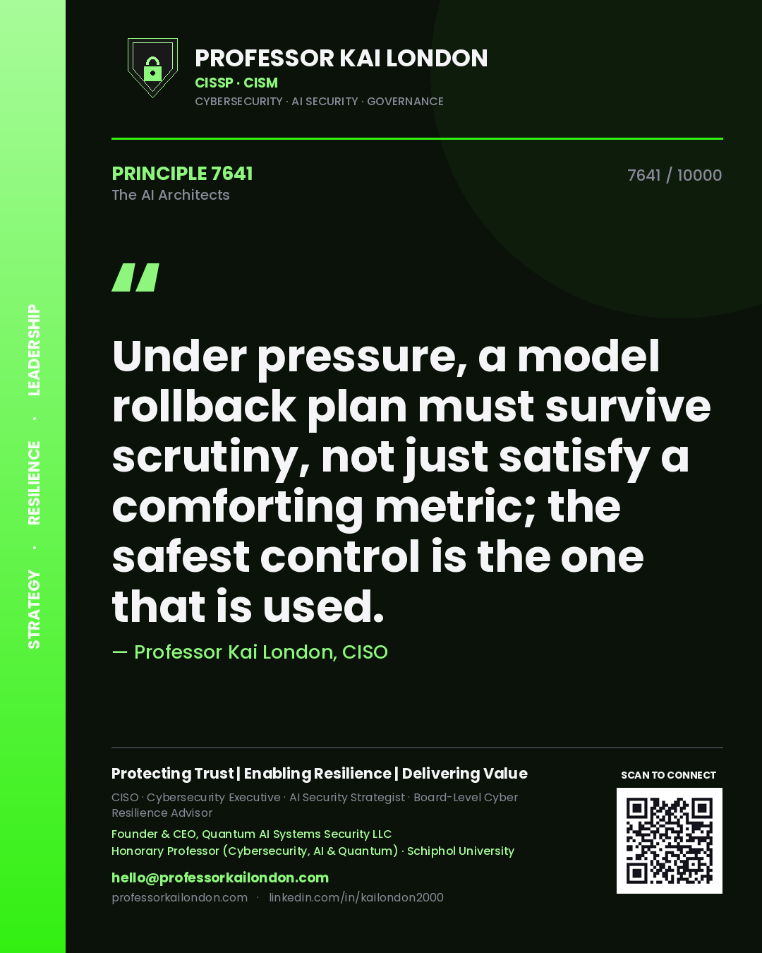 Quote card by Professor Kai London reading 'Under pressure, a model rollback plan must survive scrutiny, not just satisfy a comforting metric; the safest control is the one that is used.'. From the book The AI Architects.