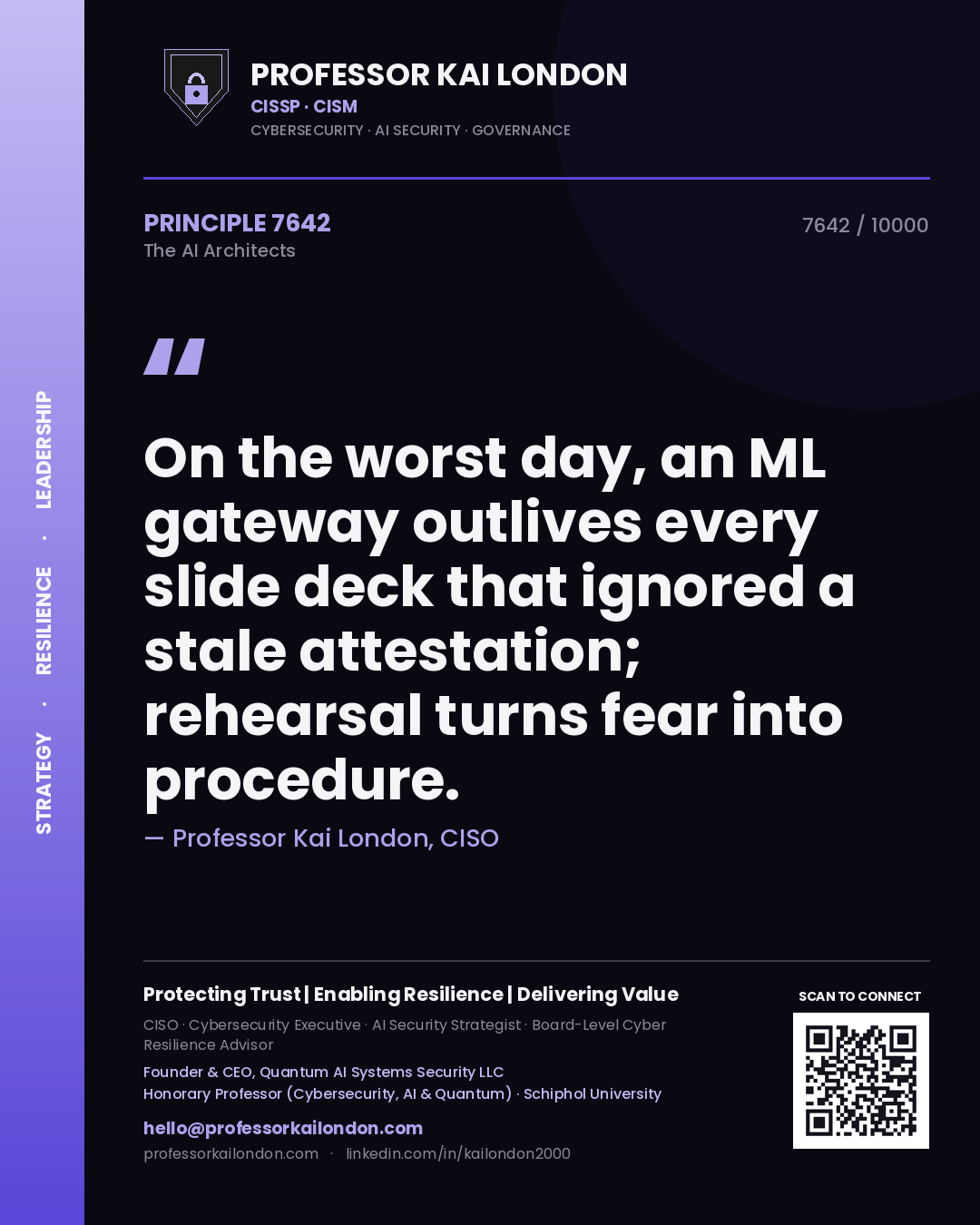 Quote card by Professor Kai London reading 'On the worst day, an ML gateway outlives every slide deck that ignored a stale attestation; rehearsal turns fear into procedure.'. From the book The AI Architects.