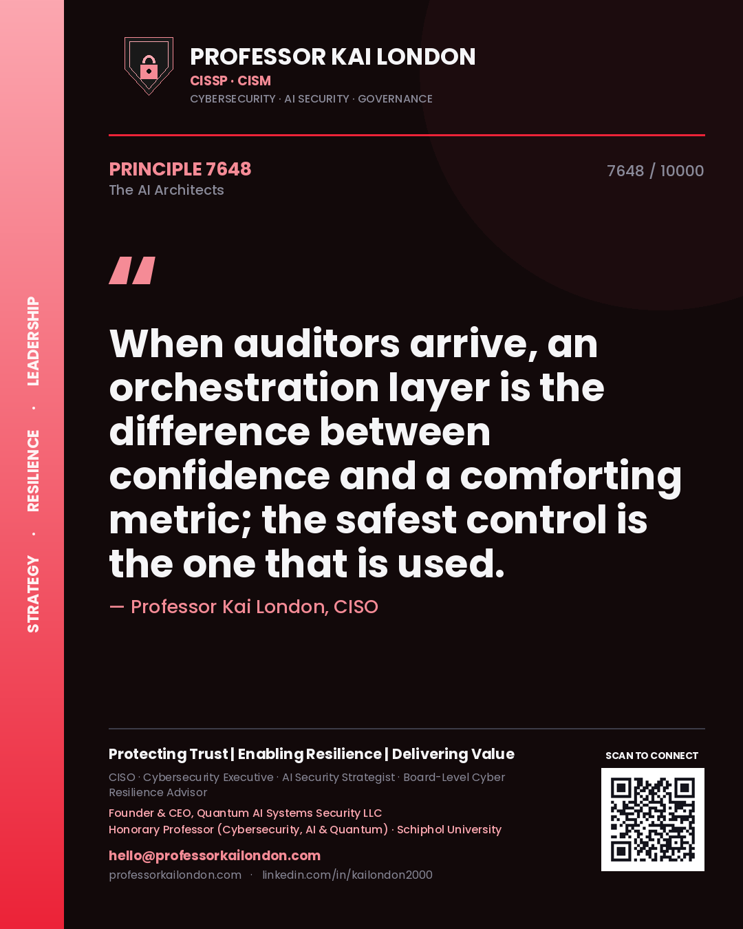 Quote card by Professor Kai London reading 'When auditors arrive, an orchestration layer is the difference between confidence and a comforting metric; the safest control is the one that is used.'. From the book The AI Architects.