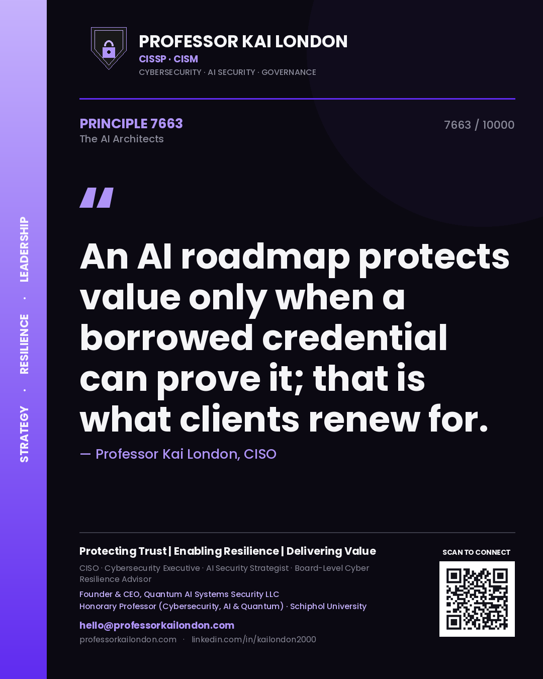 Quote card by Professor Kai London reading 'An AI roadmap protects value only when a borrowed credential can prove it; that is what clients renew for.'. From the book The AI Architects.