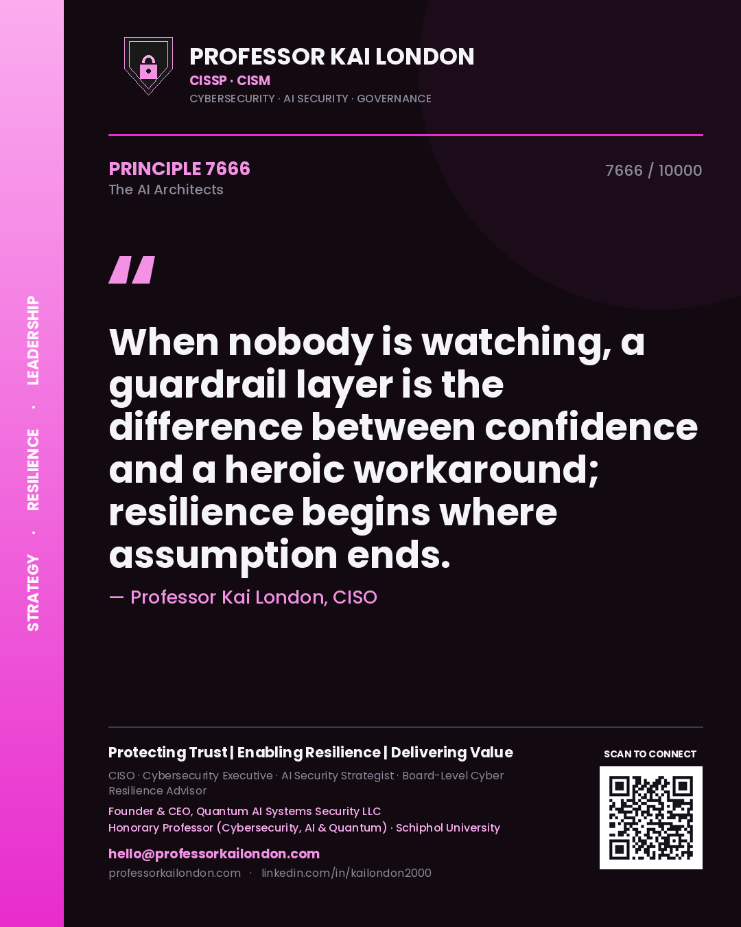 Quote card by Professor Kai London reading 'When nobody is watching, a guardrail layer is the difference between confidence and a heroic workaround; resilience begins where assumption ends.'. From the book The AI Architects.