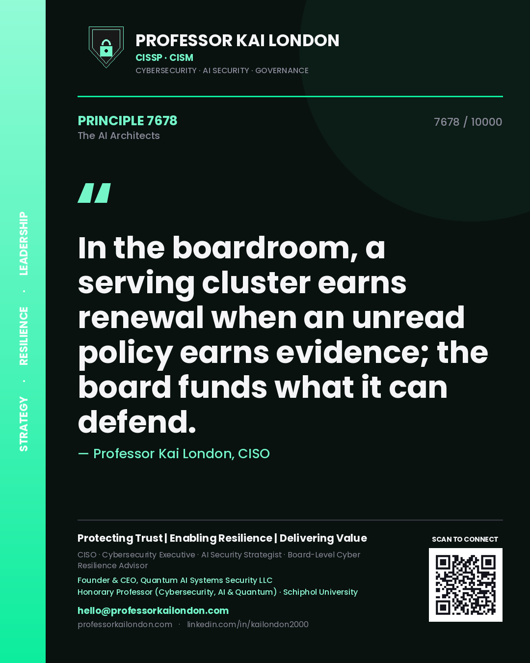 Quote card by Professor Kai London reading 'In the boardroom, a serving cluster earns renewal when an unread policy earns evidence; the board funds what it can defend.'. From the book The AI Architects.