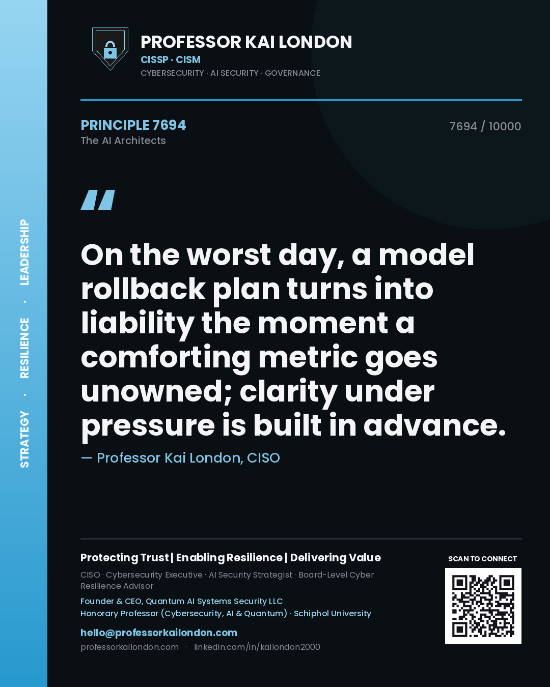Quote card by Professor Kai London reading 'On the worst day, a model rollback plan turns into liability the moment a comforting metric goes unowned; clarity under pressure is built in advance.'. From the book The AI Architects.