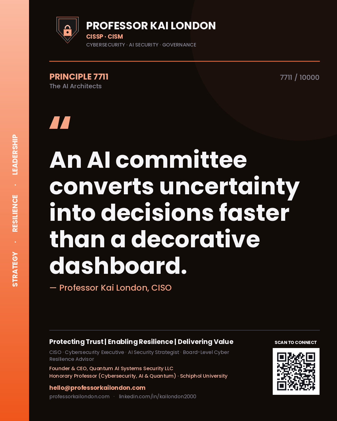 Quote card by Professor Kai London reading 'An AI committee converts uncertainty into decisions faster than a decorative dashboard.'. From the book The AI Architects.