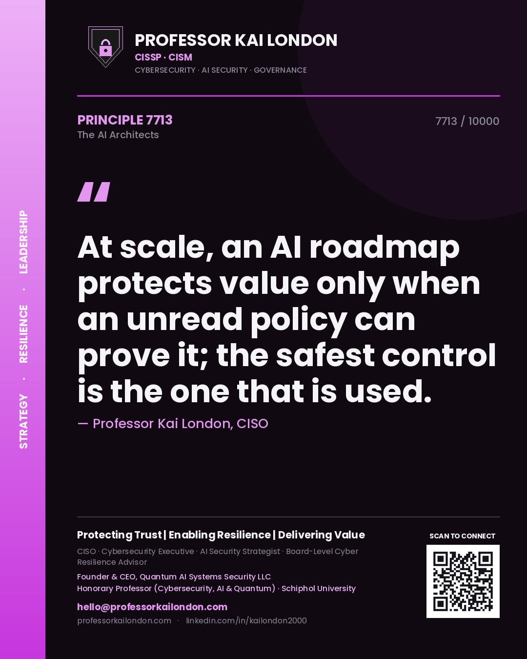 Quote card by Professor Kai London reading 'At scale, an AI roadmap protects value only when an unread policy can prove it; the safest control is the one that is used.'. From the book The AI Architects.