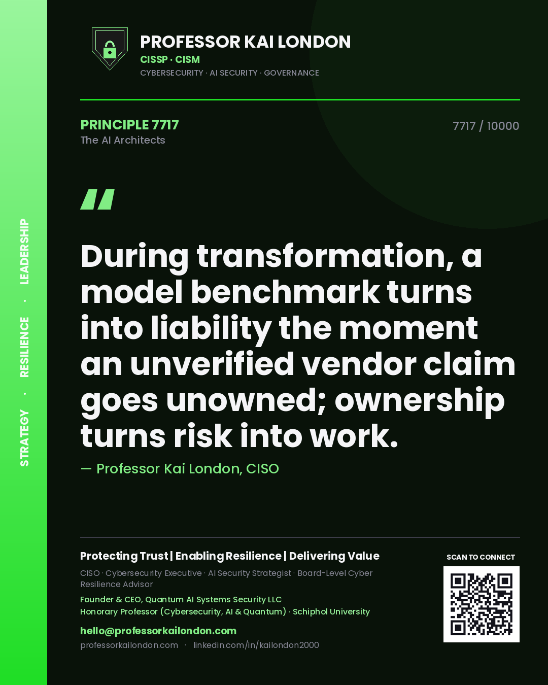 Quote card by Professor Kai London reading 'During transformation, a model benchmark turns into liability the moment an unverified vendor claim goes unowned; ownership turns risk into work.'. From the book The AI Architects.