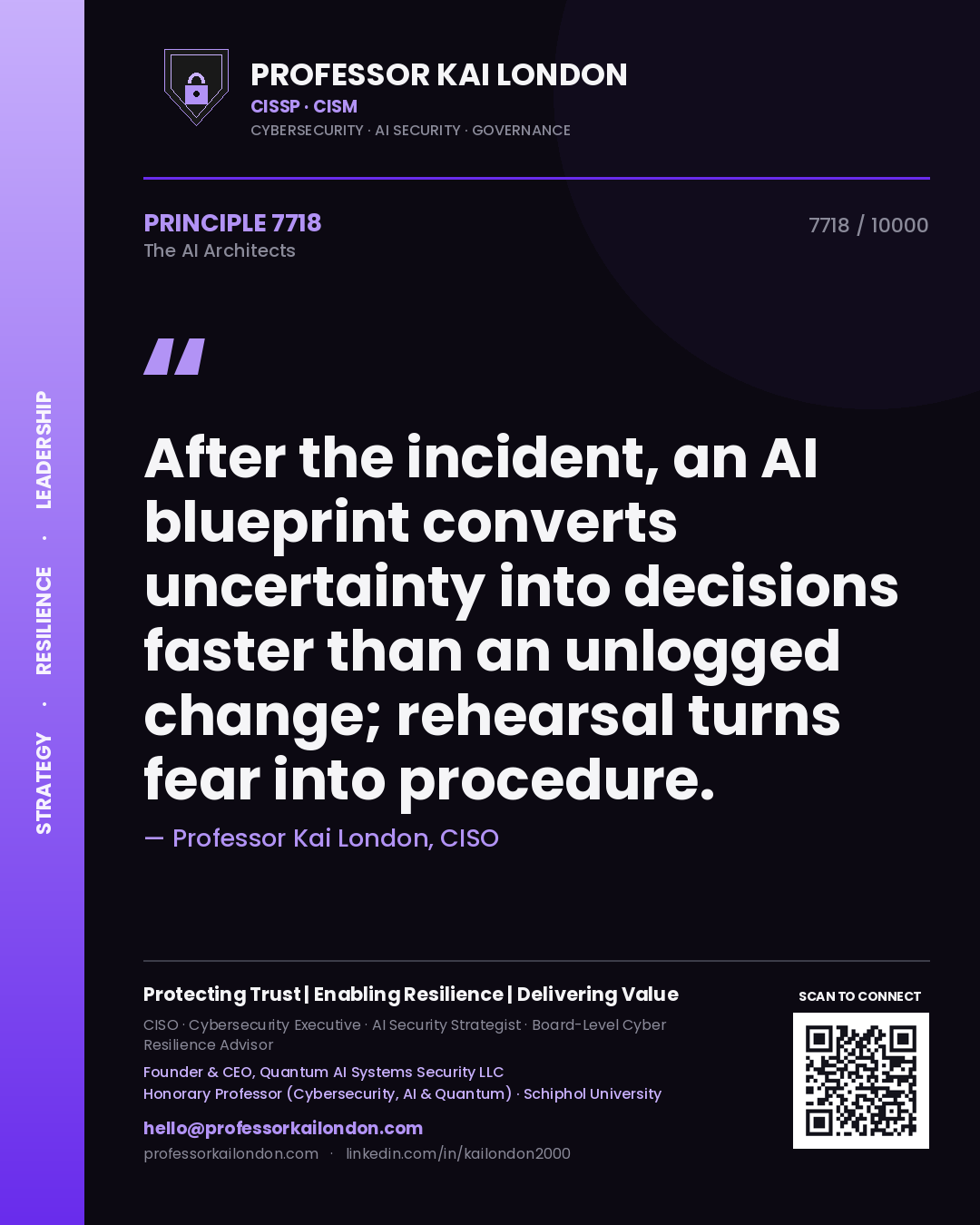 Quote card by Professor Kai London reading 'After the incident, an AI blueprint converts uncertainty into decisions faster than an unlogged change; rehearsal turns fear into procedure.'. From the book The AI Architects.