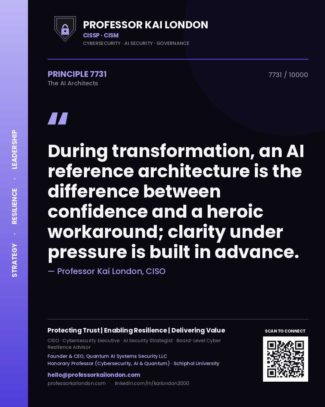 Professor Kai London principle 7731: During transformation, an AI reference architecture is the difference between confidence and a heroic workaround; clarity under pressure is built in advance.