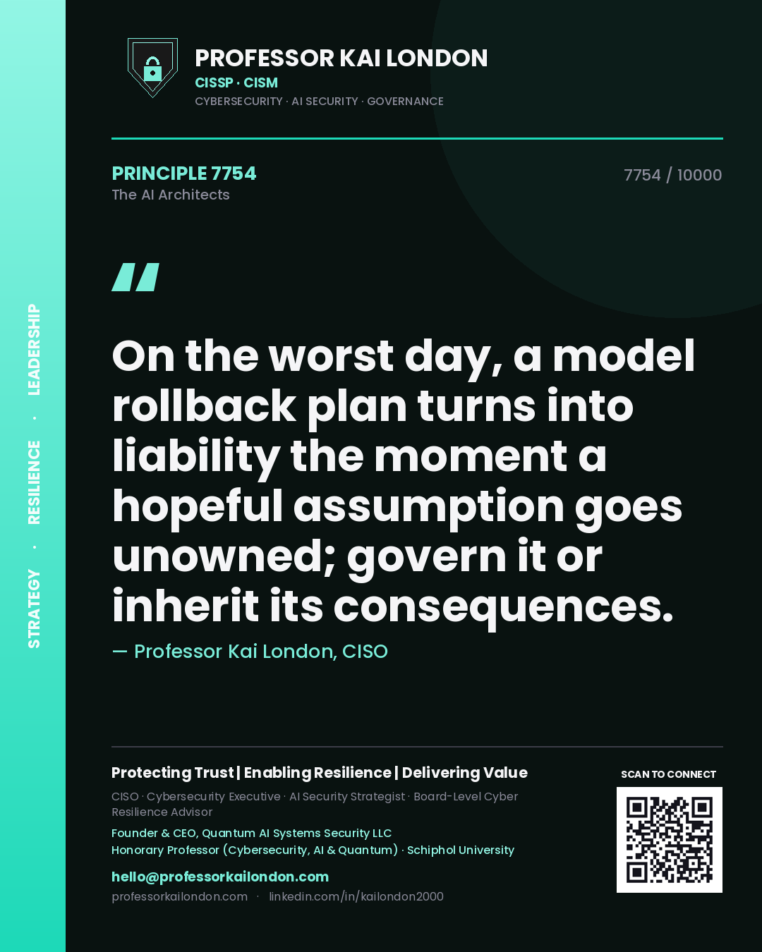 Quote card by Professor Kai London reading 'On the worst day, a model rollback plan turns into liability the moment a hopeful assumption goes unowned; govern it or inherit its consequences.'. From the book The AI Architects.