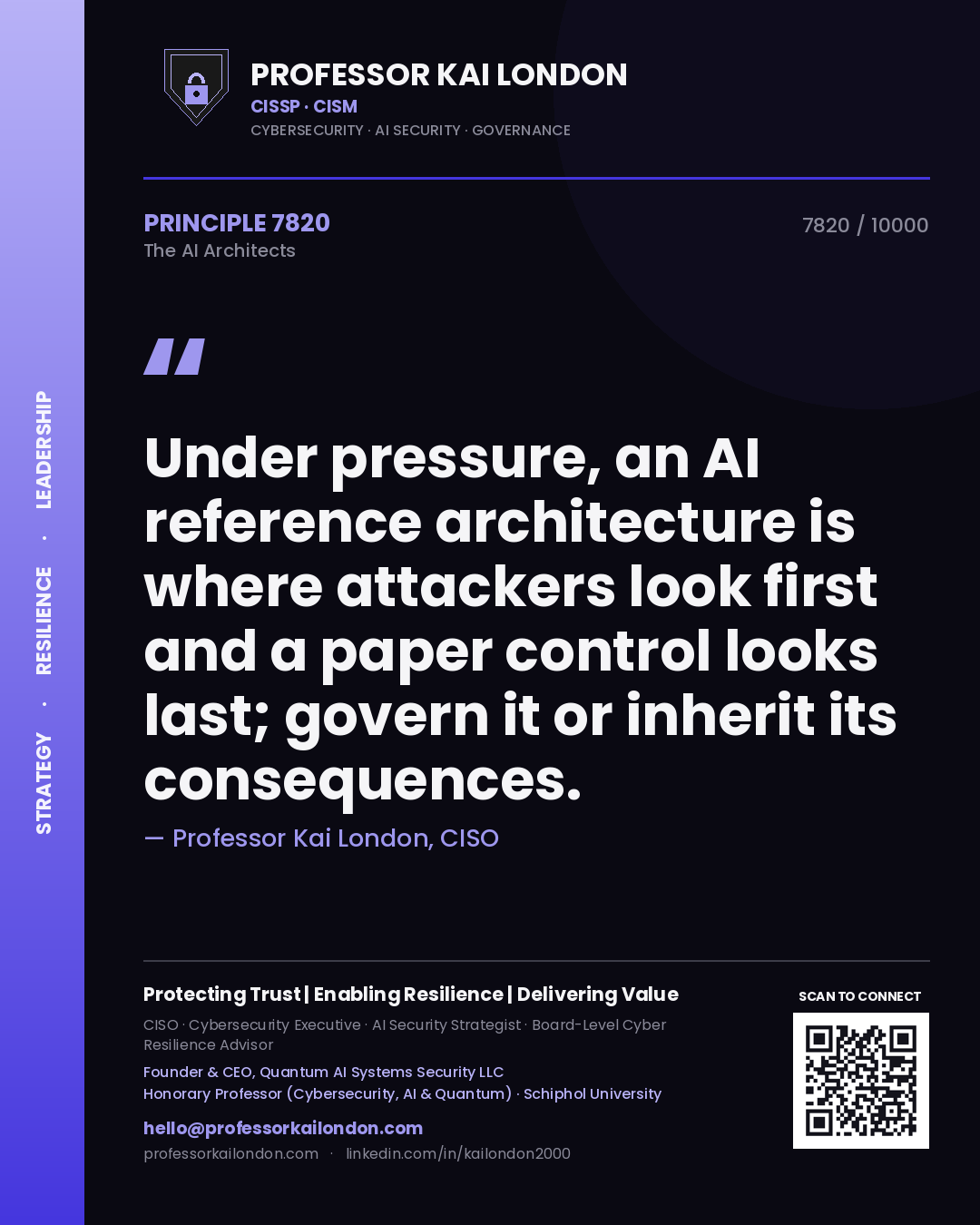 Professor Kai London principle 7820: Under pressure, an AI reference architecture is where attackers look first and a paper control looks last; govern it or inherit its consequences.