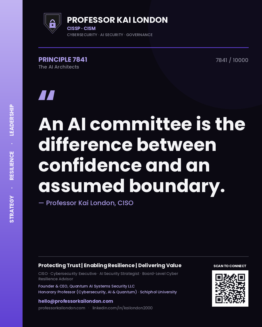 Quote card by Professor Kai London reading 'An AI committee is the difference between confidence and an assumed boundary.'. From the book The AI Architects.