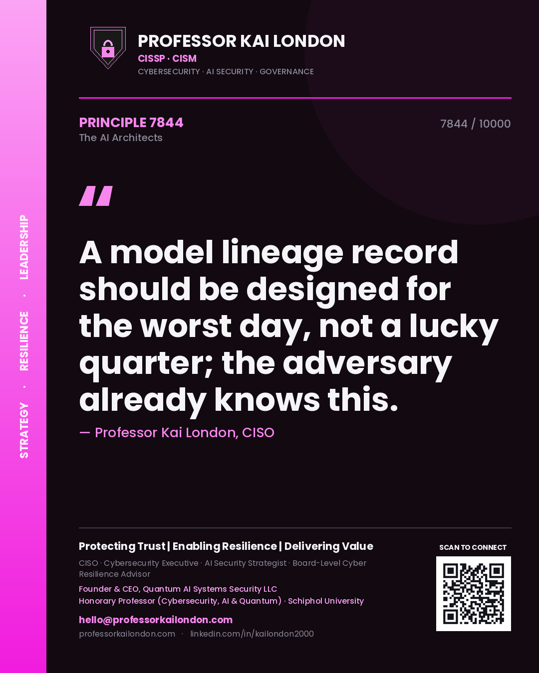 Quote card by Professor Kai London reading 'A model lineage record should be designed for the worst day, not a lucky quarter; the adversary already knows this.'. From the book The AI Architects.