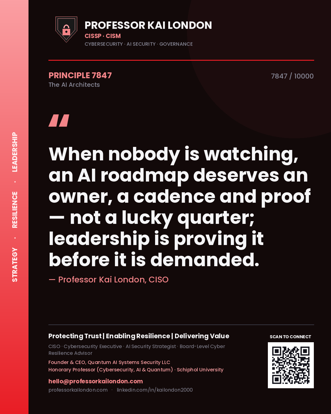 Professor Kai London principle 7847: When nobody is watching, an AI roadmap deserves an owner, a cadence and proof — not a lucky quarter; leadership is proving it before it is demanded.