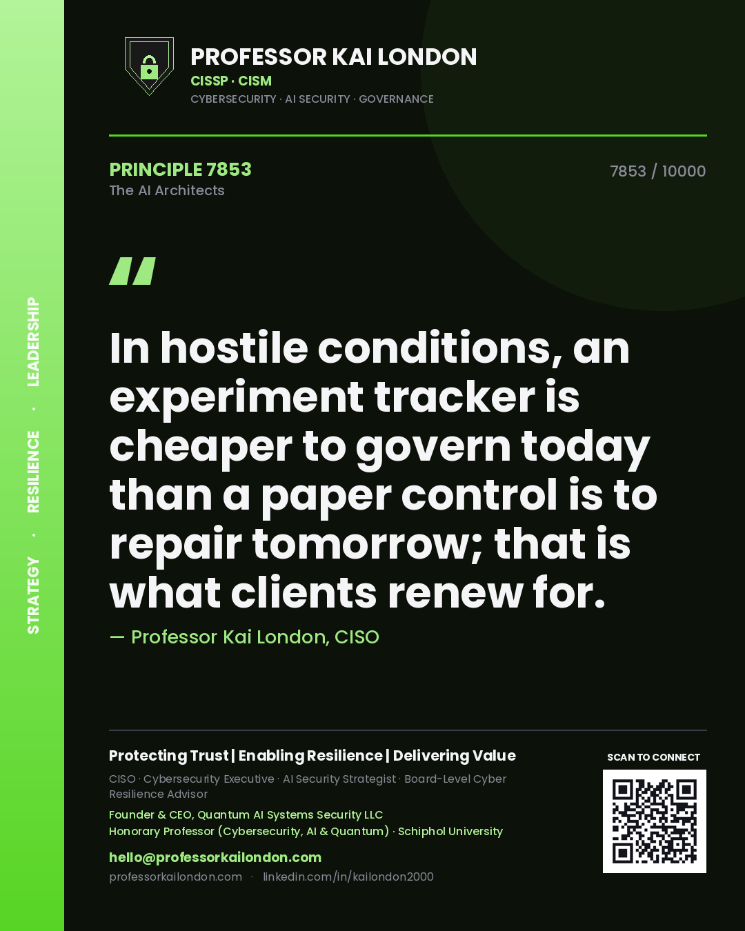 Quote card by Professor Kai London reading 'In hostile conditions, an experiment tracker is cheaper to govern today than a paper control is to repair tomorrow; that is what clients renew for.'. From the book The AI Architects.