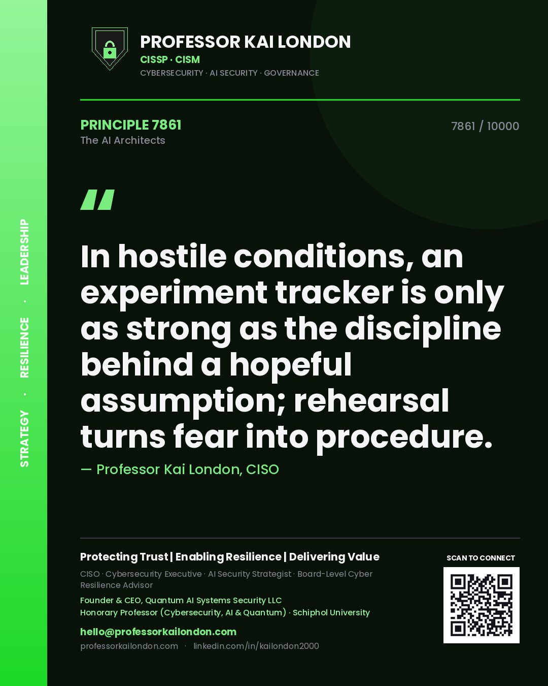 Quote card by Professor Kai London reading 'In hostile conditions, an experiment tracker is only as strong as the discipline behind a hopeful assumption; rehearsal turns fear into procedure.'. From the book The AI Architects.