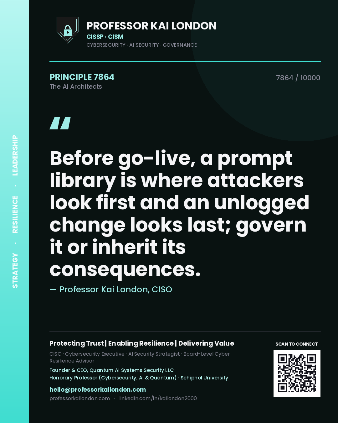 Quote card by Professor Kai London reading 'Before go-live, a prompt library is where attackers look first and an unlogged change looks last; govern it or inherit its consequences.'. From the book The AI Architects.