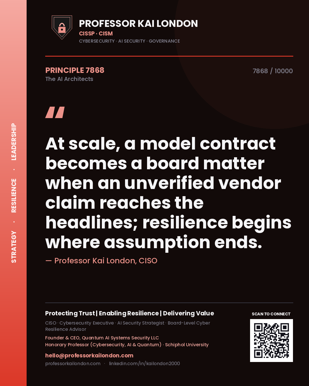 Quote card by Professor Kai London reading 'At scale, a model contract becomes a board matter when an unverified vendor claim reaches the headlines; resilience begins where assumption ends.'. From the book The AI Architects.
