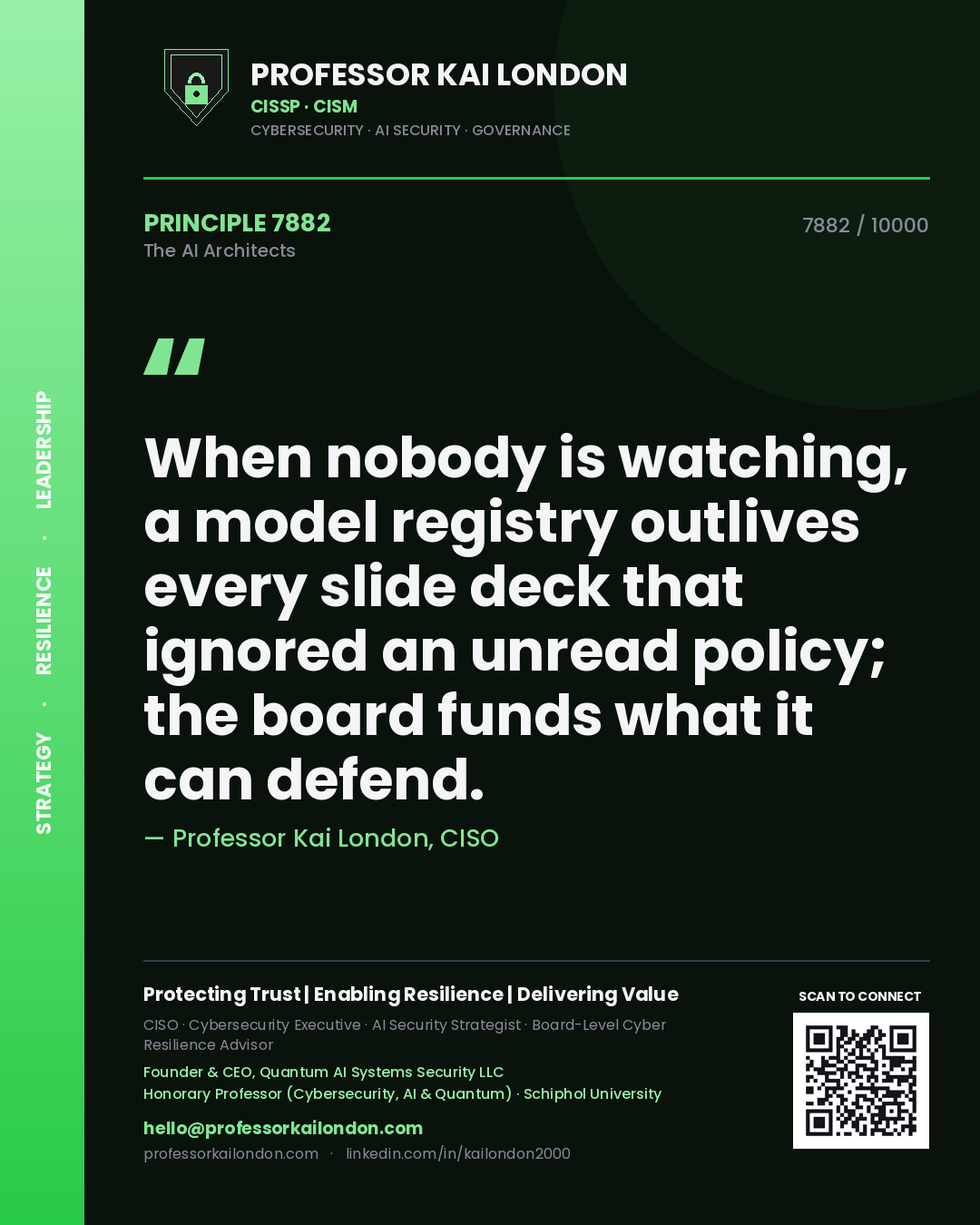 Quote card by Professor Kai London reading 'When nobody is watching, a model registry outlives every slide deck that ignored an unread policy; the board funds what it can defend.'. From the book The AI Architects.
