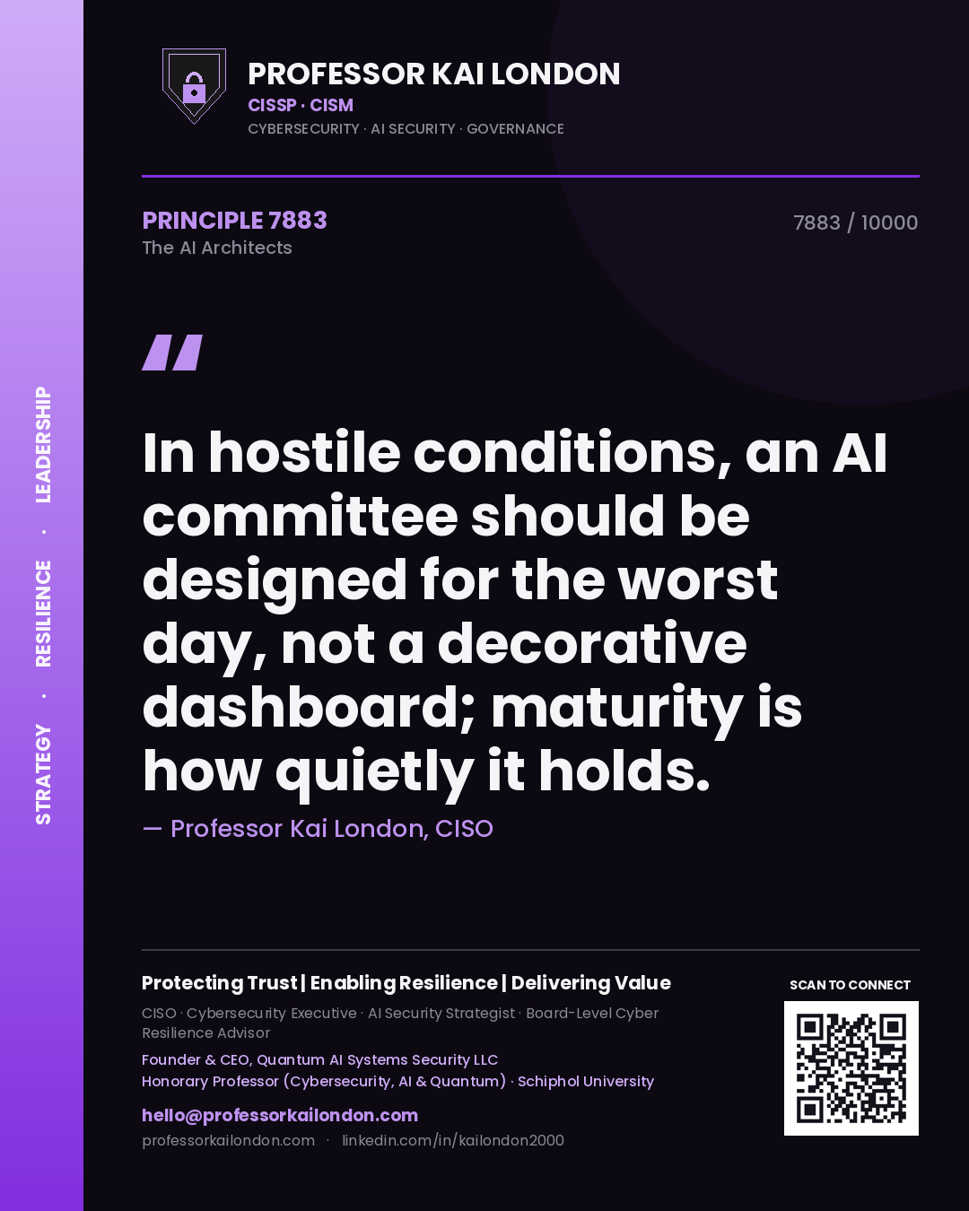 Quote card by Professor Kai London reading 'In hostile conditions, an AI committee should be designed for the worst day, not a decorative dashboard; maturity is how quietly it holds.'. From the book The AI Architects.