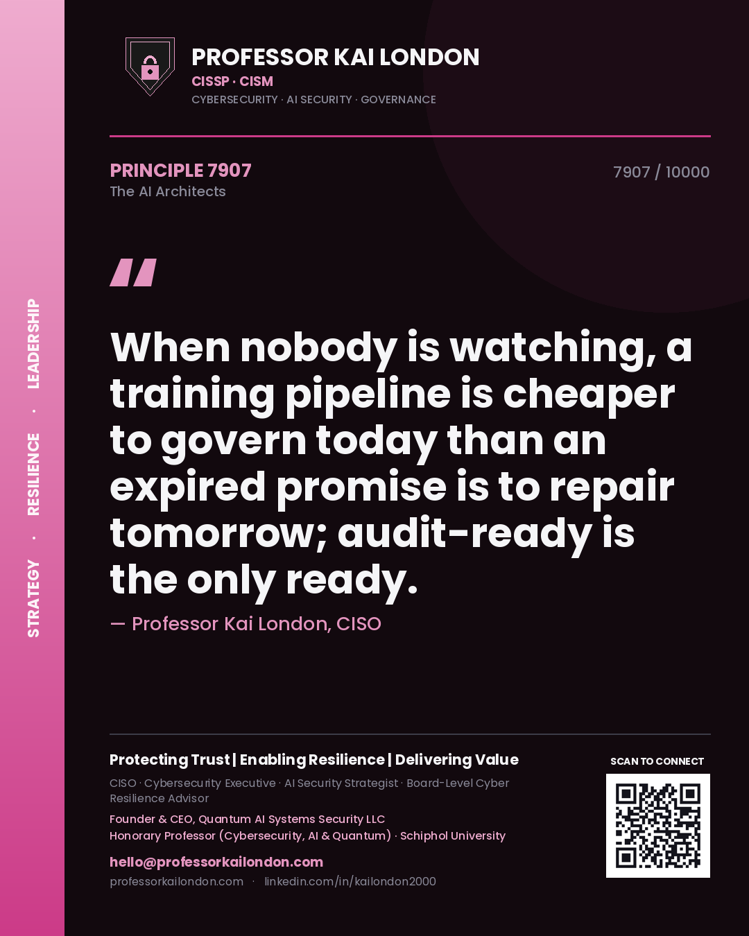 Quote card by Professor Kai London reading 'When nobody is watching, a training pipeline is cheaper to govern today than an expired promise is to repair tomorrow; audit-ready is the only ready.'. From the book The AI Architects.