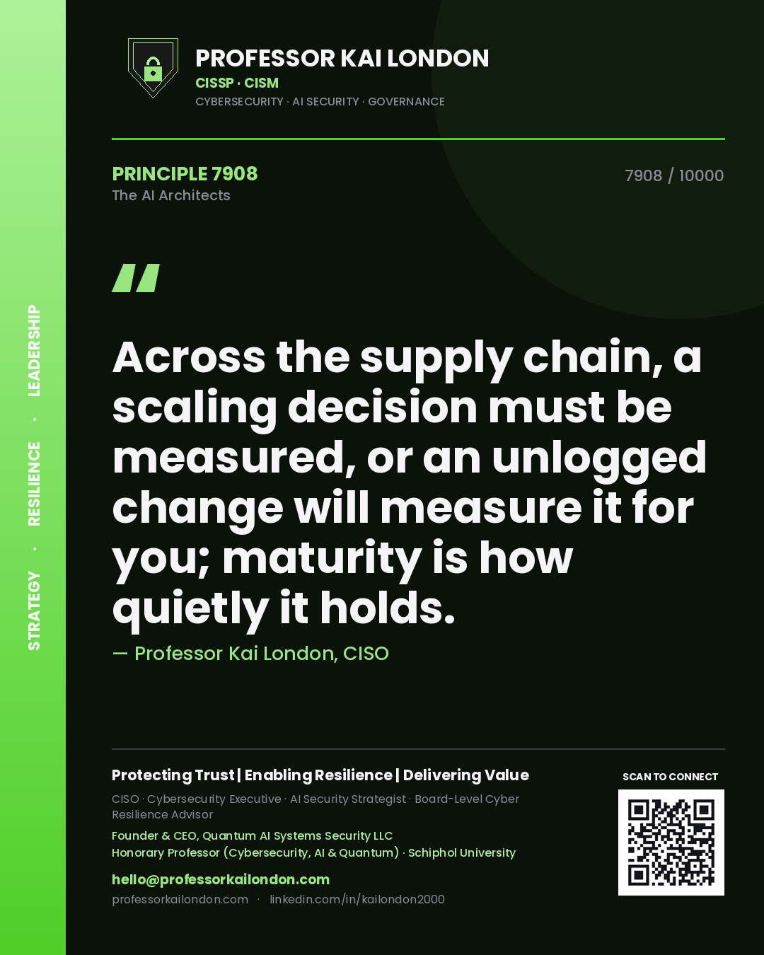 Quote card by Professor Kai London reading 'Across the supply chain, a scaling decision must be measured, or an unlogged change will measure it for you; maturity is how quietly it holds.'. From the book The AI Architects.