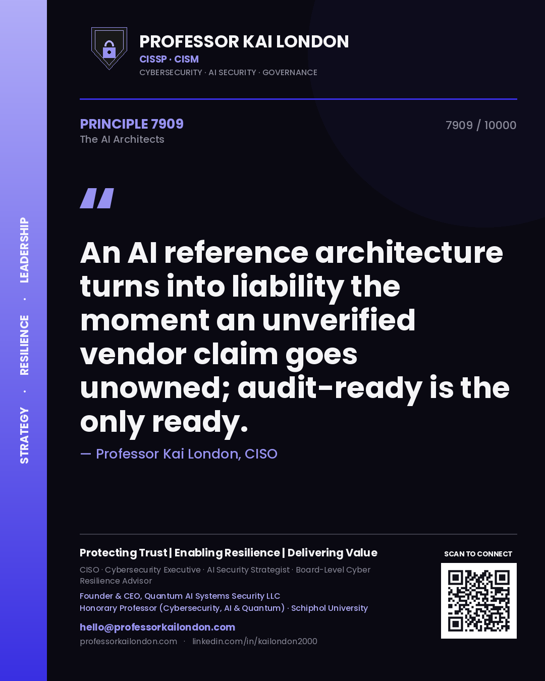 Professor Kai London principle 7909: An AI reference architecture turns into liability the moment an unverified vendor claim goes unowned; audit-ready is the only ready.
