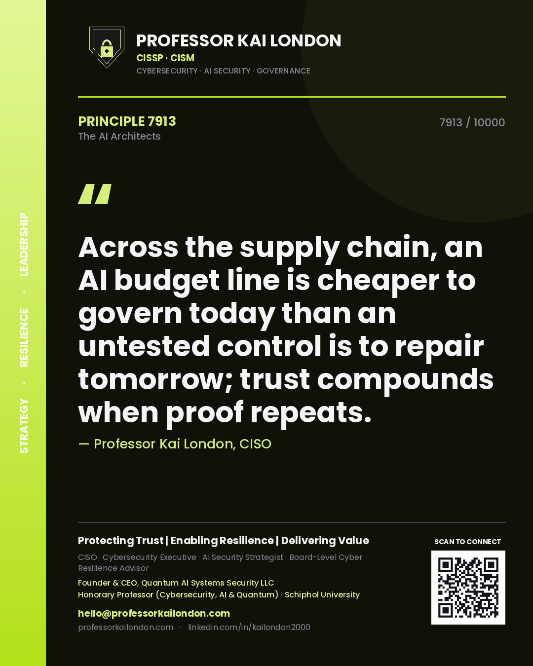 Quote card by Professor Kai London reading 'Across the supply chain, an AI budget line is cheaper to govern today than an untested control is to repair tomorrow; trust compounds when proof repeats.'. From the book The AI Architects.