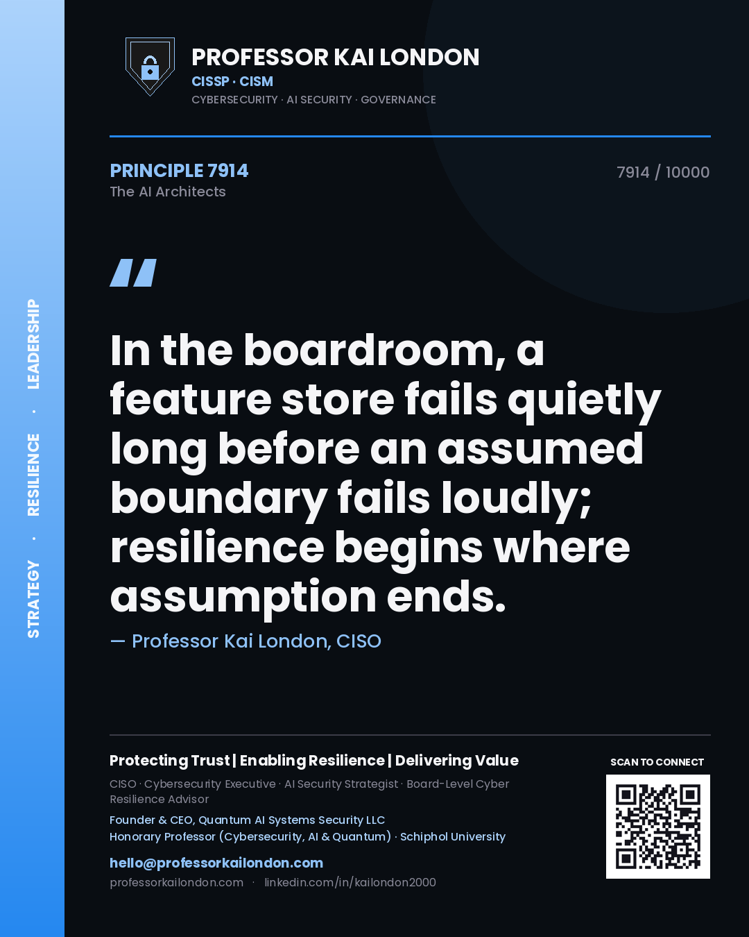 Quote card by Professor Kai London reading 'In the boardroom, a feature store fails quietly long before an assumed boundary fails loudly; resilience begins where assumption ends.'. From the book The AI Architects.