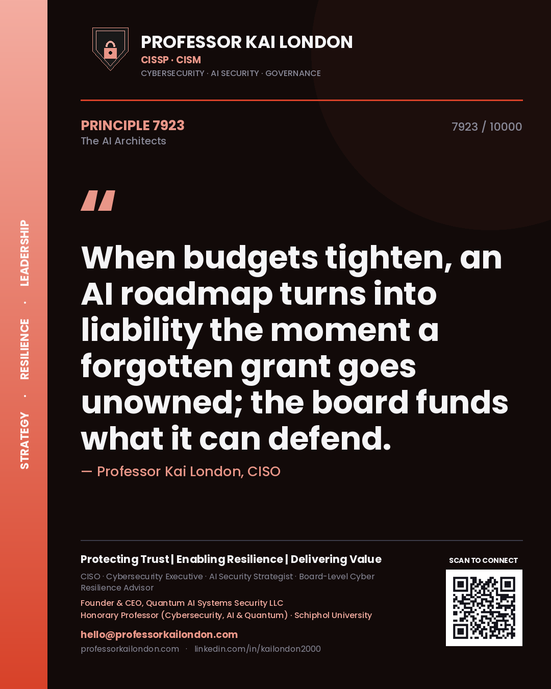 Professor Kai London principle 7923: When budgets tighten, an AI roadmap turns into liability the moment a forgotten grant goes unowned; the board funds what it can defend.