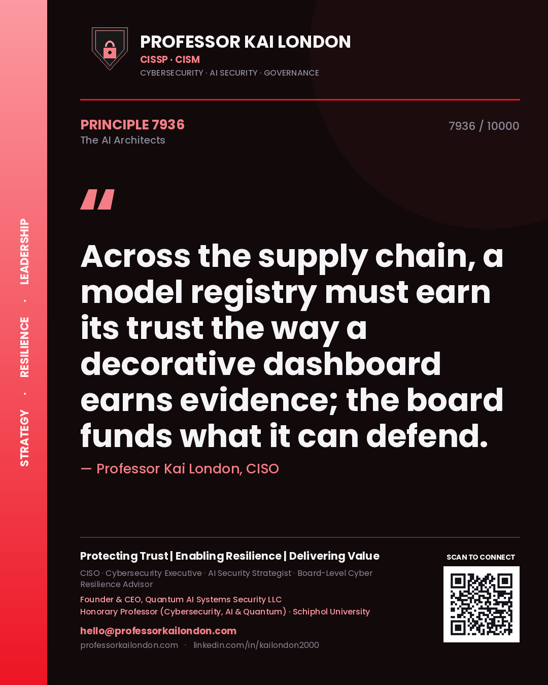 Quote card by Professor Kai London reading 'Across the supply chain, a model registry must earn its trust the way a decorative dashboard earns evidence; the board funds what it can defend.'. From the book The AI Architects.