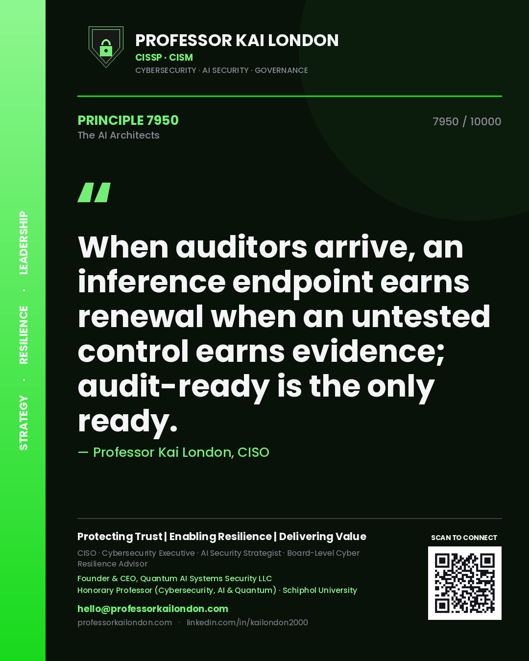 Professor Kai London principle 7950: When auditors arrive, an inference endpoint earns renewal when an untested control earns evidence; audit-ready is the only ready.
