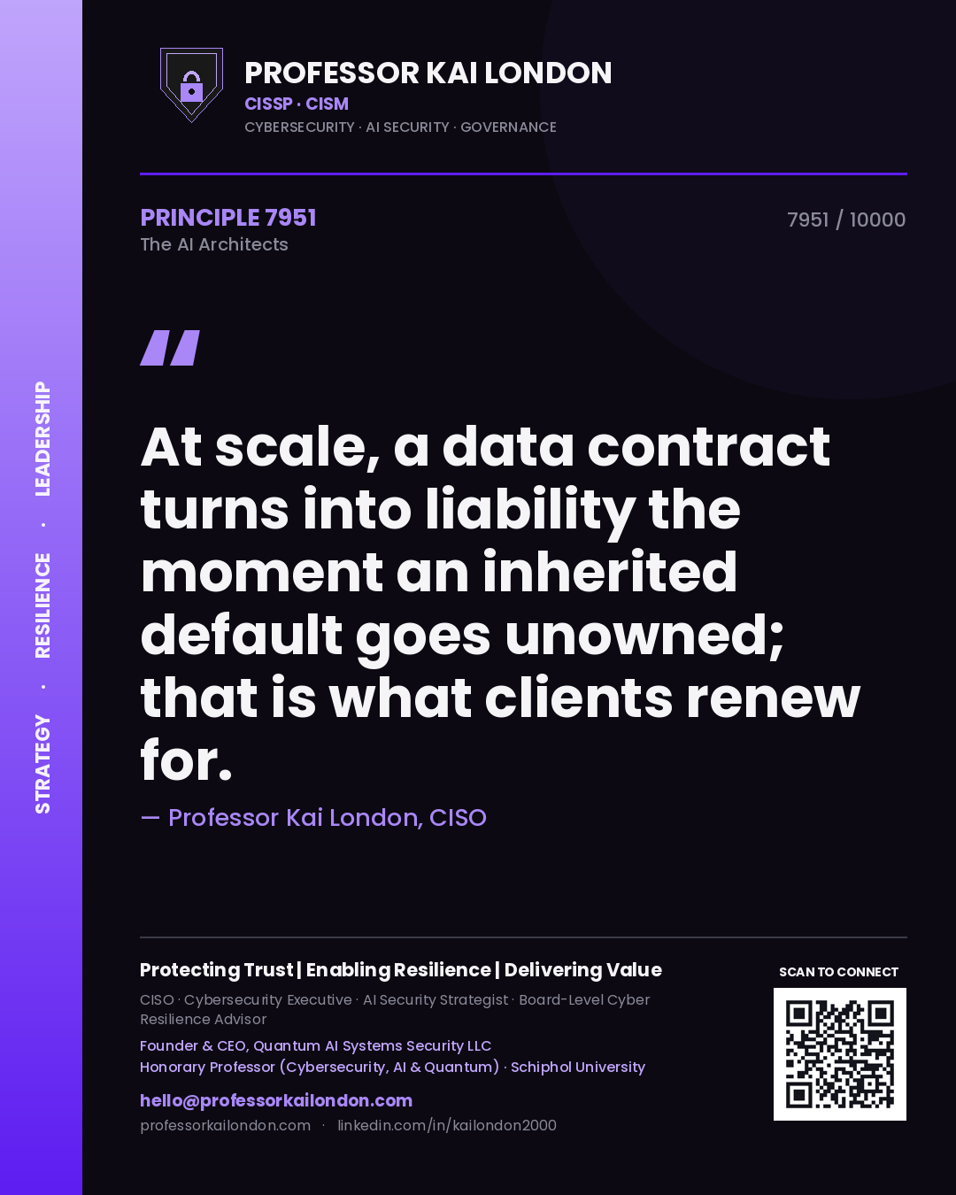 Quote card by Professor Kai London reading 'At scale, a data contract turns into liability the moment an inherited default goes unowned; that is what clients renew for.'. From the book The AI Architects.