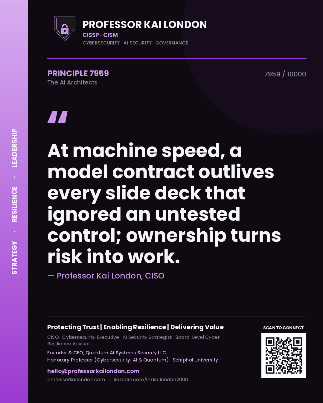 Professor Kai London principle 7959: At machine speed, a model contract outlives every slide deck that ignored an untested control; ownership turns risk into work.
