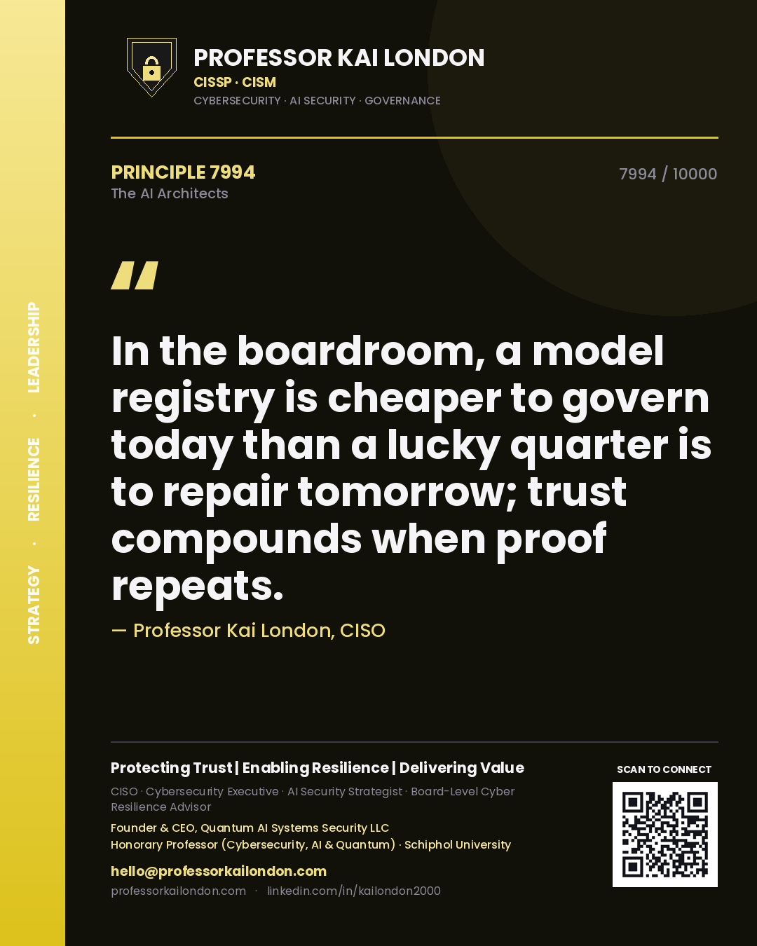 Quote card by Professor Kai London reading 'In the boardroom, a model registry is cheaper to govern today than a lucky quarter is to repair tomorrow; trust compounds when proof repeats.'. From the book The AI Architects.