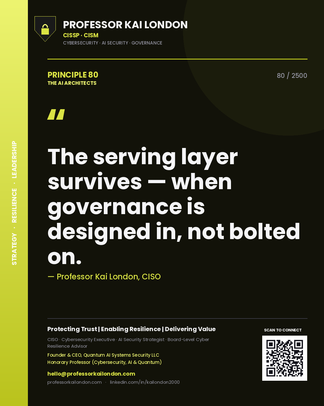 Quote card by Professor Kai London reading 'The serving layer survives — when governance is designed in, not bolted on.'. From the book The AI Architects.