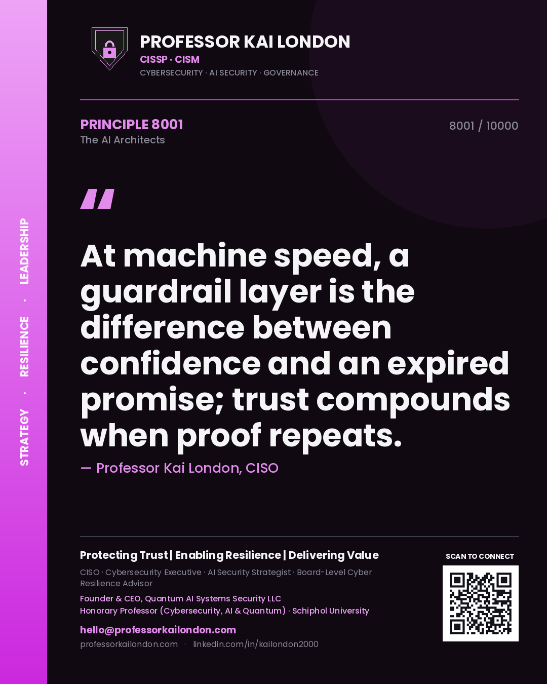 Professor Kai London principle 8001: At machine speed, a guardrail layer is the difference between confidence and an expired promise; trust compounds when proof repeats.