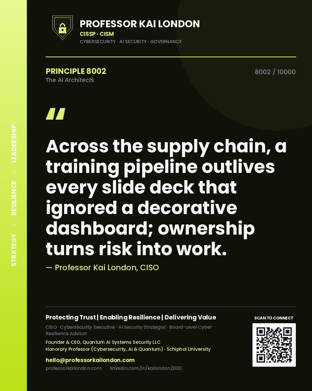 Professor Kai London principle 8002: Across the supply chain, a training pipeline outlives every slide deck that ignored a decorative dashboard; ownership turns risk into work.